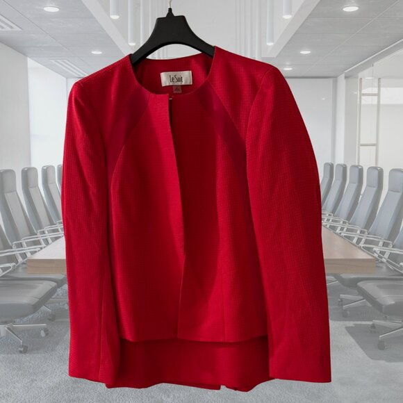 NWT - Le Suit Houndstooth Pencil 2Pc Skirt Suit Set - Collarless - Cherry - 6 - Picture 5 of 10